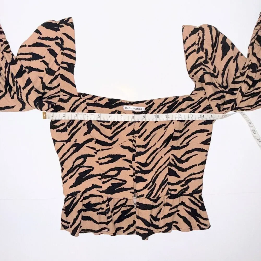 Reformation Dallas Rajah Tiger Animal Print Tan Black Corset Top Puff Sleeves 2